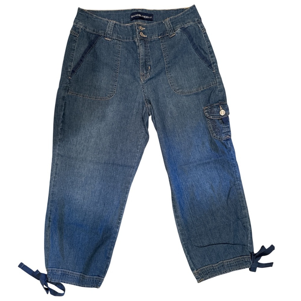 3/$20 Bandalino Crop Capri Utility Jeans Tied Leg Embroidered Pockets Stretch